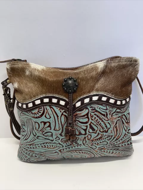 Myra Turquoise Embossed Leather Crossbody Bag Hair On Canvas Turquoise Purse