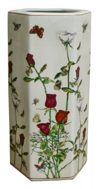 Vintage Roses Ceramic Umbrella Holder Butterflies Hexagonal Tall Hall Vase Decor