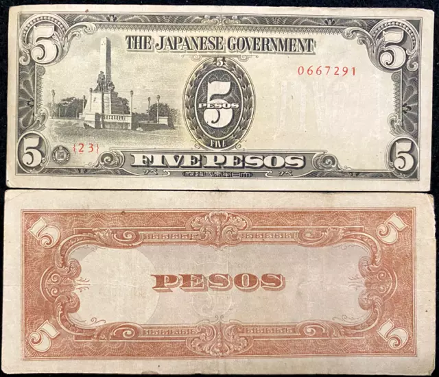 WWII Authentic - Japanese Government 5 Pesos 1943 Occupation Bill