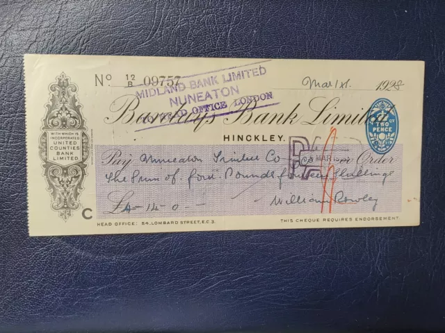 1928 cheque Barclays Bank, Hinckley, William Rowley - NUNEATON