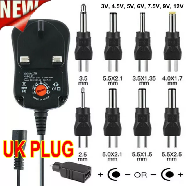 Universal 3-12V Adjustable Voltage Adaptor Charger AC/DC Power Supply Adapter UK