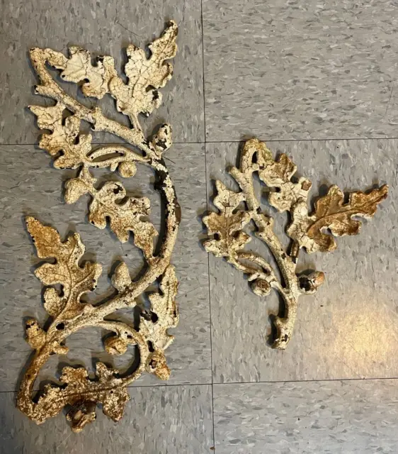 2 Antique Cast Iron Acorns & Leaves Decorative Garden Pieces Salvage Decor Rare