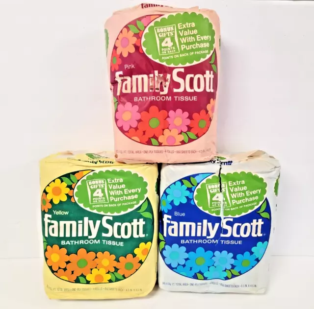 VTG 1970 Family Scott Tissue Toilet Paper Blue Pink Yellow Three 4 packs Sealed