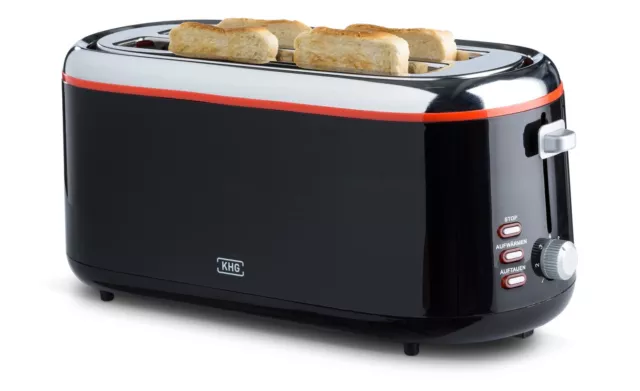 Toaster Langschlitz Schwarz Rot 4 Scheiben 1300W Brötchenaufsatz Krümelschublade