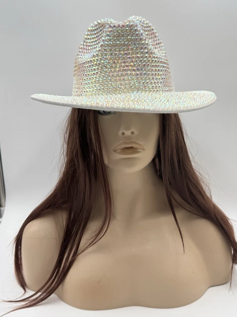 IRIDESCENT WHITE RHINESTONE Cowboy Hat Cowgirl Costume Concert Bling ...