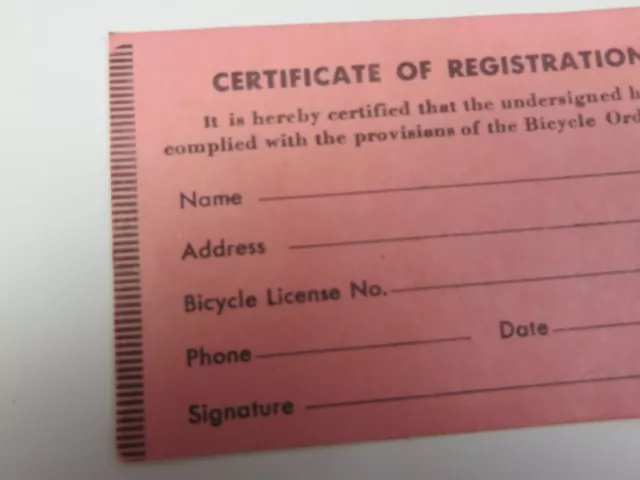 Vtg 1968 LIBERAL, KANSAS Bicycle Bike Certificate of Registration Violation Card 2