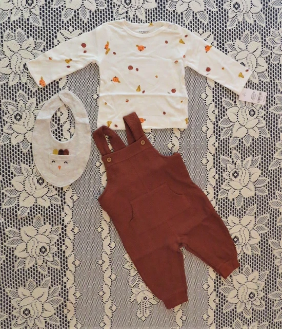 Baby Boy Carter's Thanksgiving Tee, Coveralls & Bib 3-Piece Set Size 9 Mos NWT