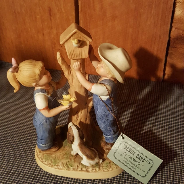 Homco 8888 Denim Days Porcelain Figurine Debbie Danny Our Birdhouse Dog 1985