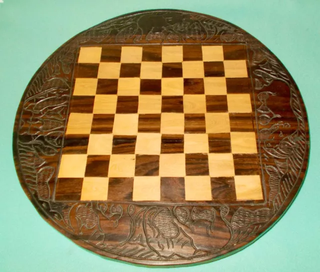 Vtg African Wood Carved  MAKONDE Chess Board w/ Decorative Animal Carvings