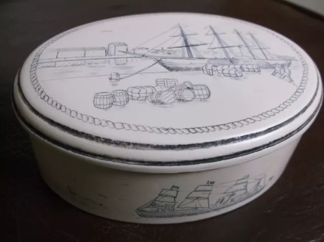 Vintage Trinket box Faux Scrimshaw Nautical Artwork