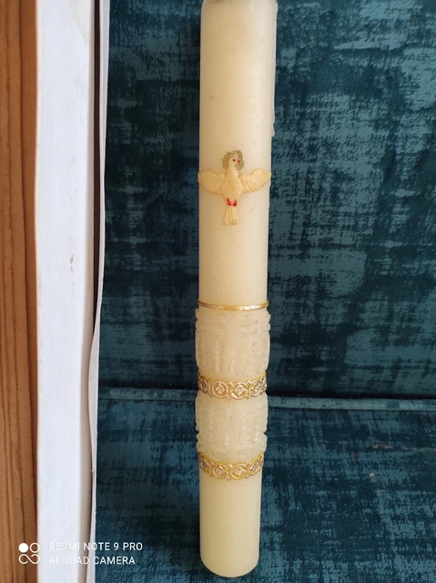 Sehr alte v. 1961 gebrauchte Kommunionkerze Taufkerze m.Taube 31 cm