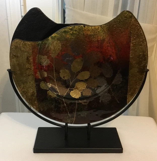 15.25”  Art Glass Contemporary Vase With Black Metal Stand Red Gold Black