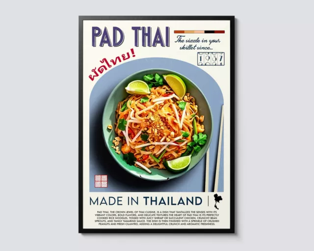 Pad Thai Thai Cuisine Vintage Graphic Poster, Asian Food Wall Art Print,
