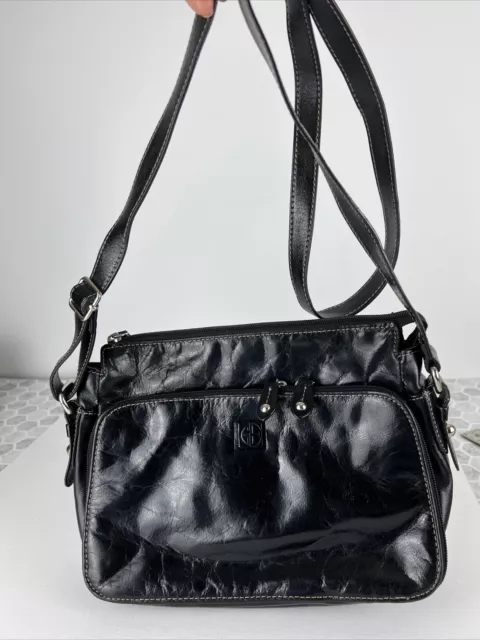 Giani Bernini Glazed Black Leather Crossbody Handbag Purse