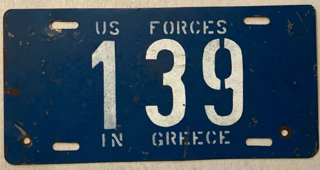 1960s US FORCES GREECE Military License Plate Tag 139 Europe Man Cave Dads Garag