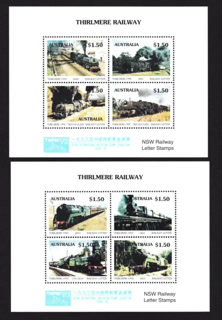 Australia 1993 Thirlmere Railway TAIPEI93 set 2 local stamp miniature sheets MNH