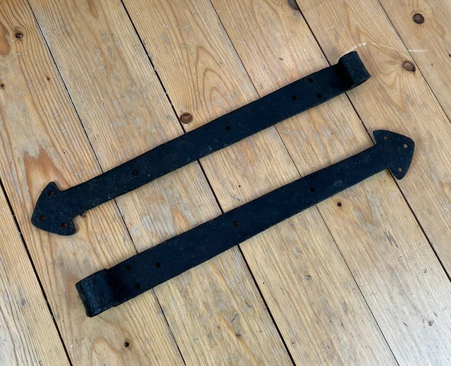 Pair Vintage Antique Blacksmith Hand Made Metal Door Strap Hinges Barn Rustic