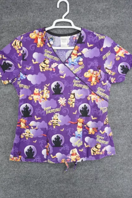 Disney Scrub Top Womens Medium Purple Winnie The Pooh Happy Haunting Halloween