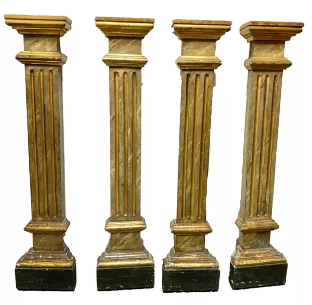 Antiguo lote de 4 columnas policromadas y doradas al oro fino. S. XVIII. Barroco