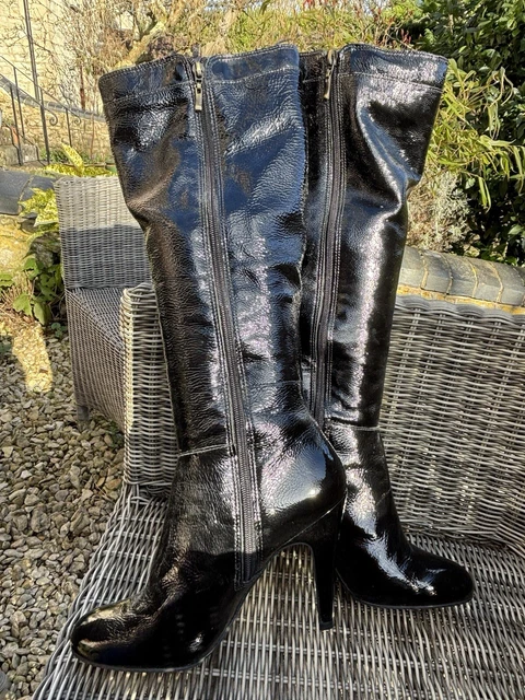 JIEEME Knee High Ankle Boots - Patent Leather Block Heel With Zip & Lace, Size 12 CA (Black)
