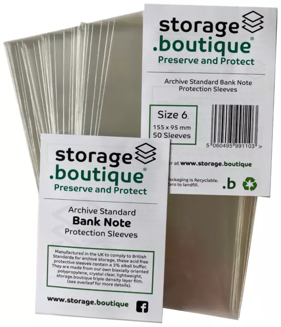 storage.boutique BANK NOTE Protection Sleeves, Archive Standard, MULTIPLE SIZES