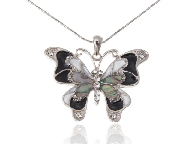Black White Enamel Abalone Shell Crystal Rhinestone Butterfly Pendant Necklace