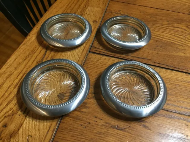 Set Of 4 Clear Glass Starburst Pinwheel Coasters Silver Plate Rims Silverplated