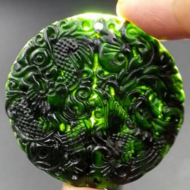 Natural Black Green Jade Carved Dragon Phoenix Pendant Necklace Amulet Jewelry