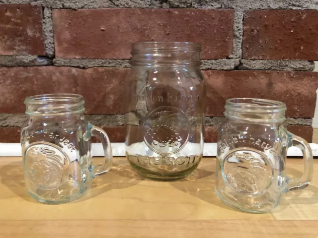 Golden Harvest Set 2 Small Mini Mason Jars Glass W Handle Cornucopia And 1 Lrg