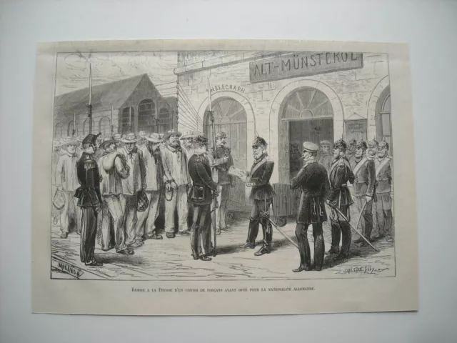 Gravure 1873.  Remise A La Prusse Convoi De Forcats Ayant Opte Nationalite Allem