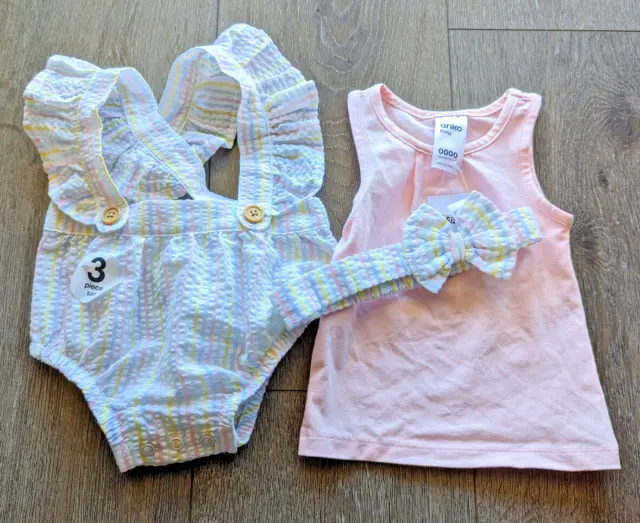 Baby Girl's 3 Piece Striped Romper Set - 0000