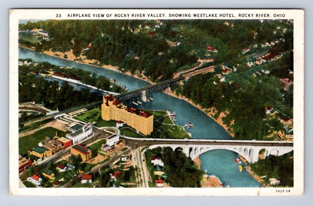 Vintage Airplane View Rocky River Showing Westlake Hotel, Oh Aerial Postcard Gm