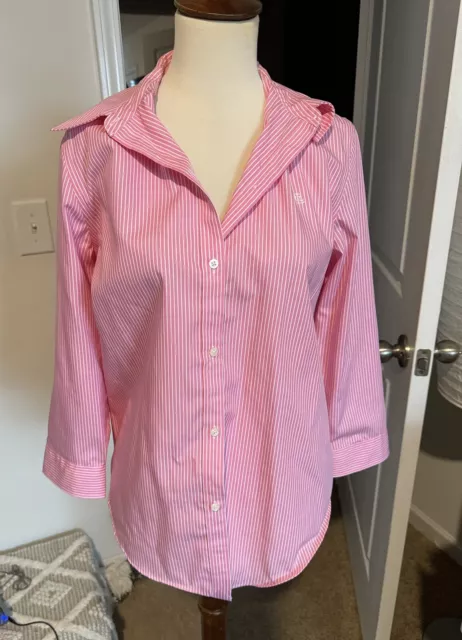 Lauren Ralph Lauren Non Iron Pink And White Stripe Button Up Shirt Size Large