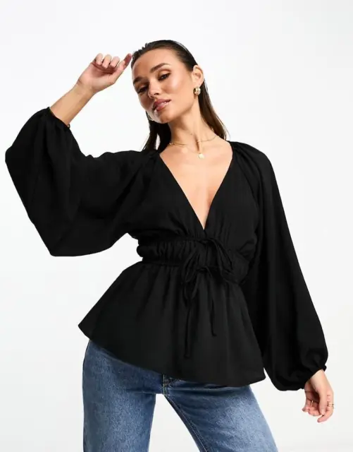 ASOS Black Sz Medium Casual or Dress Empire Waist Stretchy Tie Front Tunic Shirt