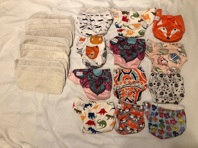 Lot of 12 Cloth Diapers Alva Baby & 12 Inserts Adjustable Size Cute Designs!