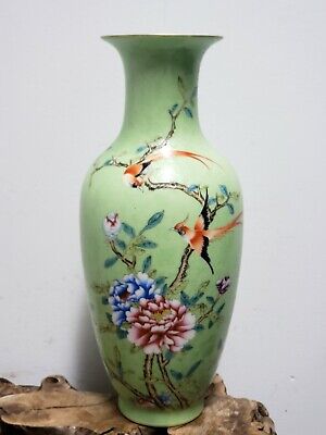Chinese Green Base With Famille Rose  Faience Enamel Painted Porcelain Vase