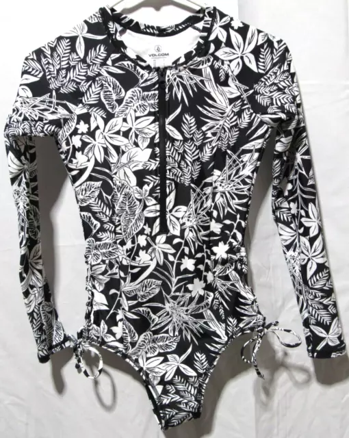 Volcom Branch Out Long Sleeve One Piece Swimsuit Black White Tropical Small