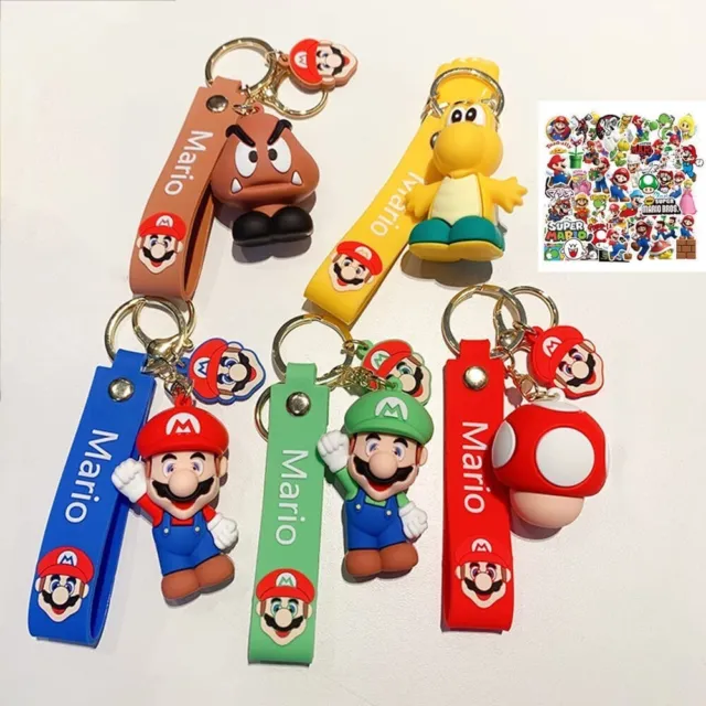 5 Pcs Super Mario Inspired Keychains Keyring and 50pcs Stickers, Birthday Gift