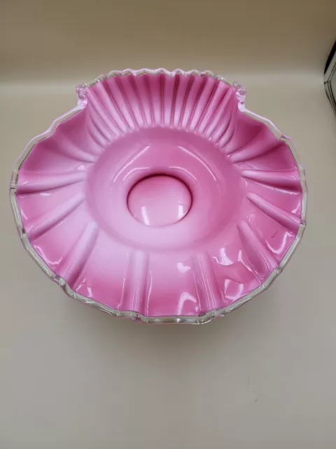 Fenton Pink Crest Shell Shaped Bowl Milk Glass Pink Overlay Ruffled Edge