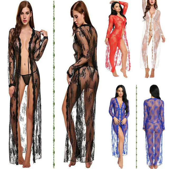 Sexy Lingerie Women Long Lace Kimono Robe Dress Sheer Gown See-Through Sleepwear