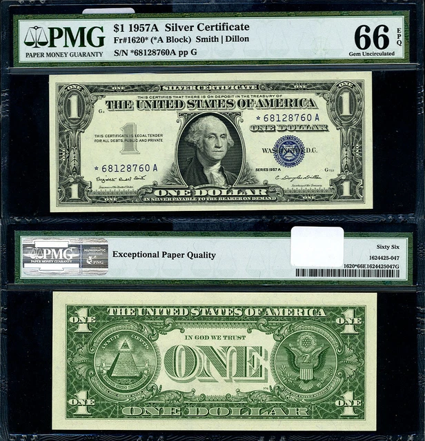 FR. 1620* $1 1957-A Silver Certificate *-A Block Gem PMG CU66 EPQ Star
