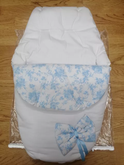 Spanish style Babys white  / blue  with bow   Foot Muff Cosy Toes Pram buggy