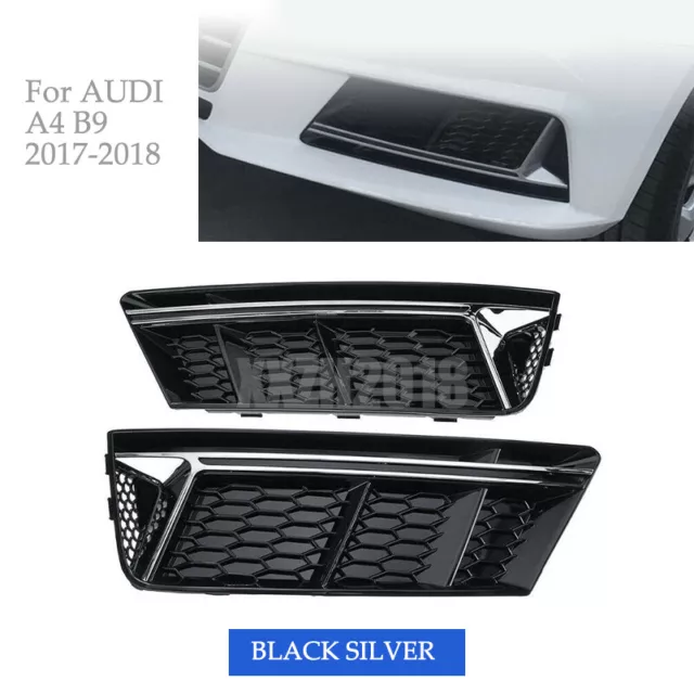 Black Fog Light Grille Honeycomb Style Cover Grill Pair For Audi A4 B9 2017-2018