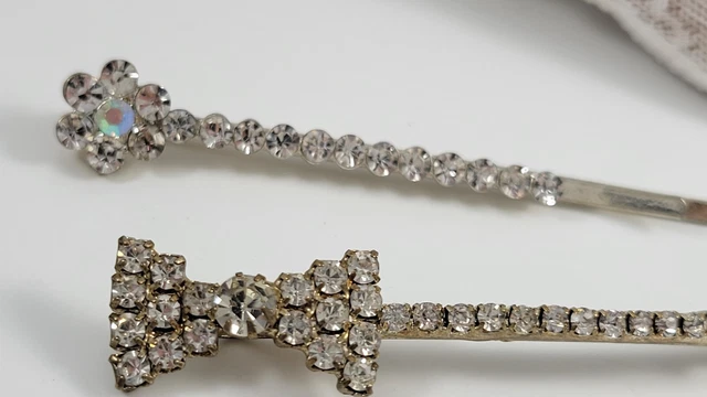 Vintage Rhinestone AB Hair Clips Bobby Pins Wedding Silver Tone.