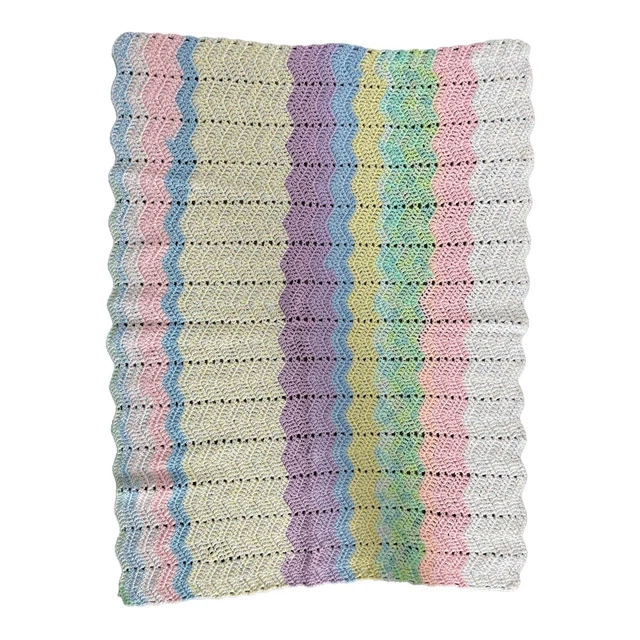 Afghan Handmade Crocheted Knitted Baby Blanket Soft Light Blue Pink 42" x 31"