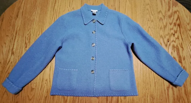 Talbots Women Size L Periwinkle Boiled 100% Wool Classic Cardigan Sweater Jacket