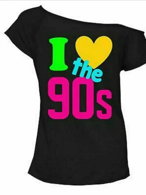 Woman's I love the 90s Pop Disco Party Festival Retro off Shoulder Top UK 8-26