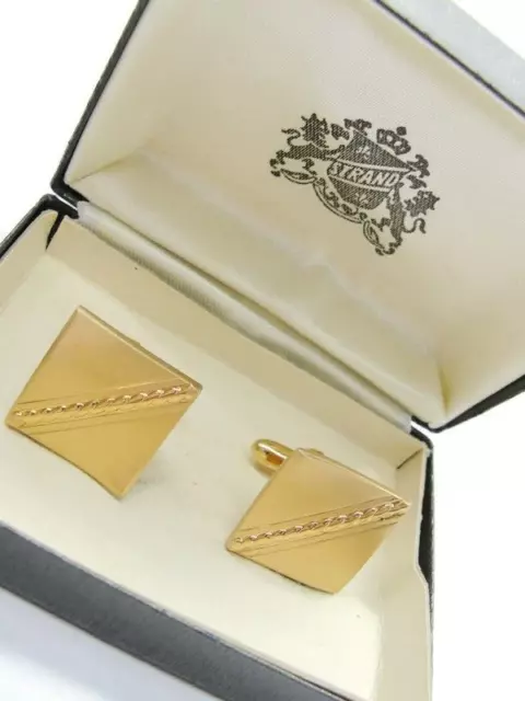 Strand Square Rolled Rope Design Vtg Cufflinks Gold Tone Tux Wedding Formal IOB