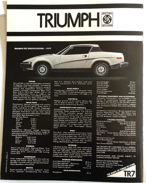 Vintage 1977  Triumph Tr7 Advertising Dealer Brochure - Absolutely Beautiful 6