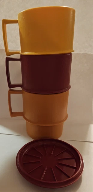 Vintage Tupperware Coffee Mug Cups Mixed Lot of 3 Stackable And 1 Lid
